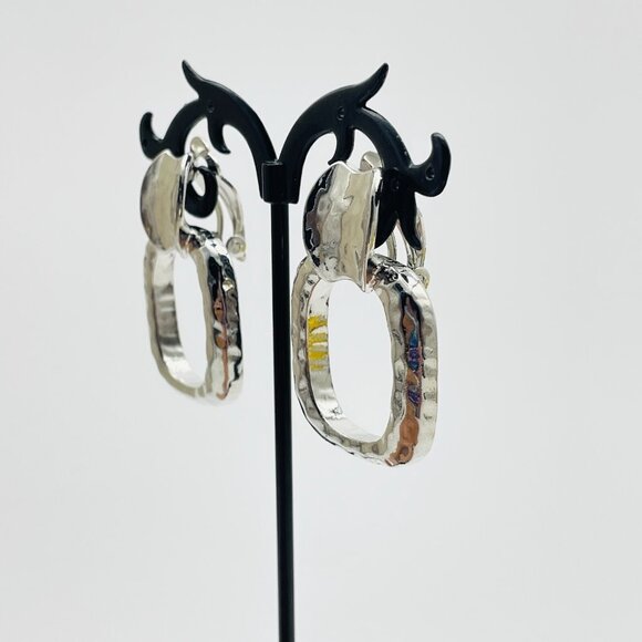 Vintage Hammered Earrings Silver Tone Clip On Geometric Dangle Modern Retro - Picture 6 of 7